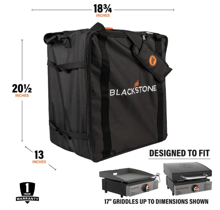 Blackstone Original 17" Griddle Carry Bag: Protective carry bag for Blackstone 17" tabletop griddles, featuring weather-resistant materials, reinforced zippers, and padded shoulder strap for convenient portability.