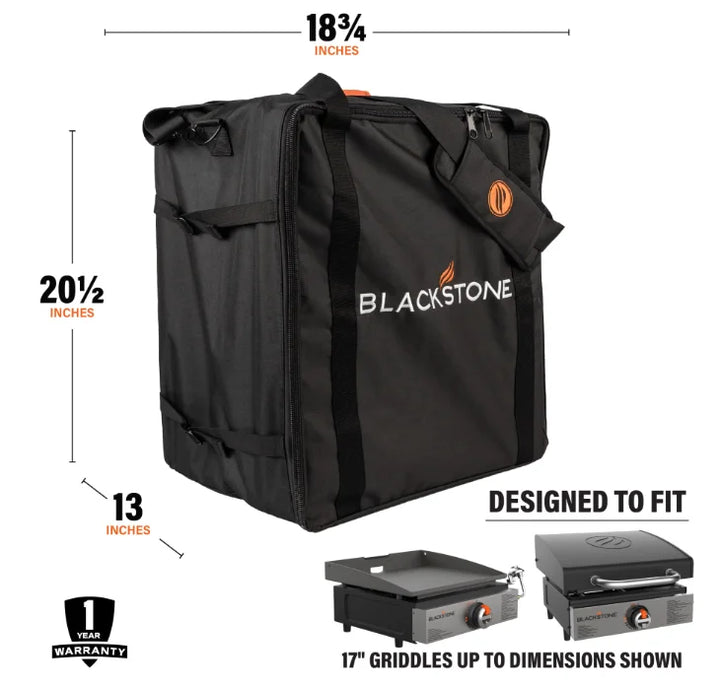 Blackstone Original 17" Griddle Carry Bag: Protective carry bag for Blackstone 17" tabletop griddles, featuring weather-resistant materials, reinforced zippers, and padded shoulder strap for convenient portability.
