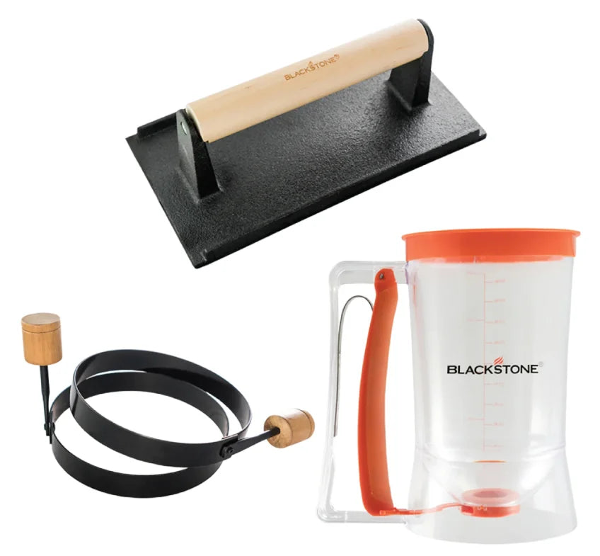 Blackstone Breakfast Kit: Complete breakfast set including pre-seasoned cast iron bacon press, batter dispenser holding up to 4 cups, and round egg rings for perfectly cooked eggs or pancakes every time.
