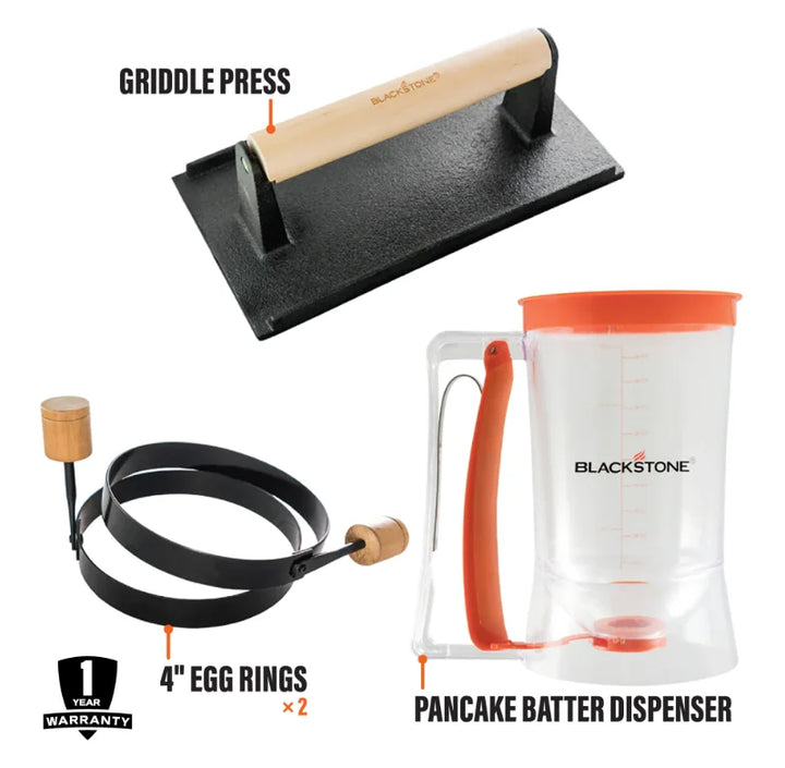 Blackstone Breakfast Kit, complete breakfast set including batter dispenser, cast iron bacon press, and two round egg rings for cooking pancakes, cupcakes, eggs, and crispy bacon.