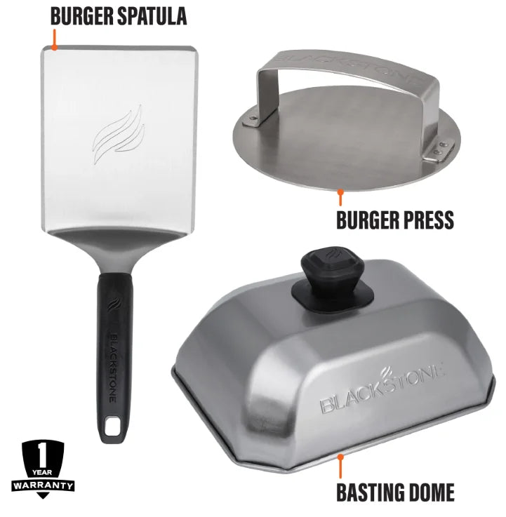 Blackstone Smash Burger Kit (3 Pieces) - Complete griddle kit featuring durable stainless steel burger press, basting dome for melting cheese or steaming vegetables, and hamburger spatula for flipping perfect smash burgers.