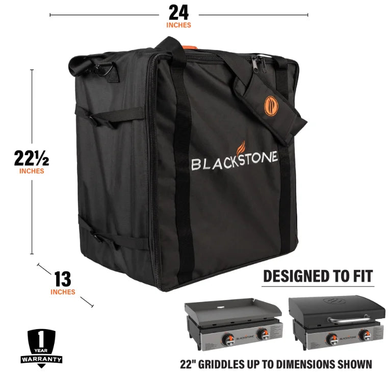 Blackstone 22” Griddle Carry Bag: Durable, weather-resistant carry bag made for 22" tabletop griddles, featuring heavy-duty construction, PVC lining, and reinforced zippers for protection against elements.