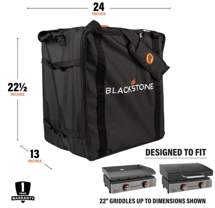 Blackstone 22” Griddle Carry Bag: Durable, weather-resistant carry bag made for 22" tabletop griddles, featuring heavy-duty construction, PVC lining, and reinforced zippers for protection against elements.