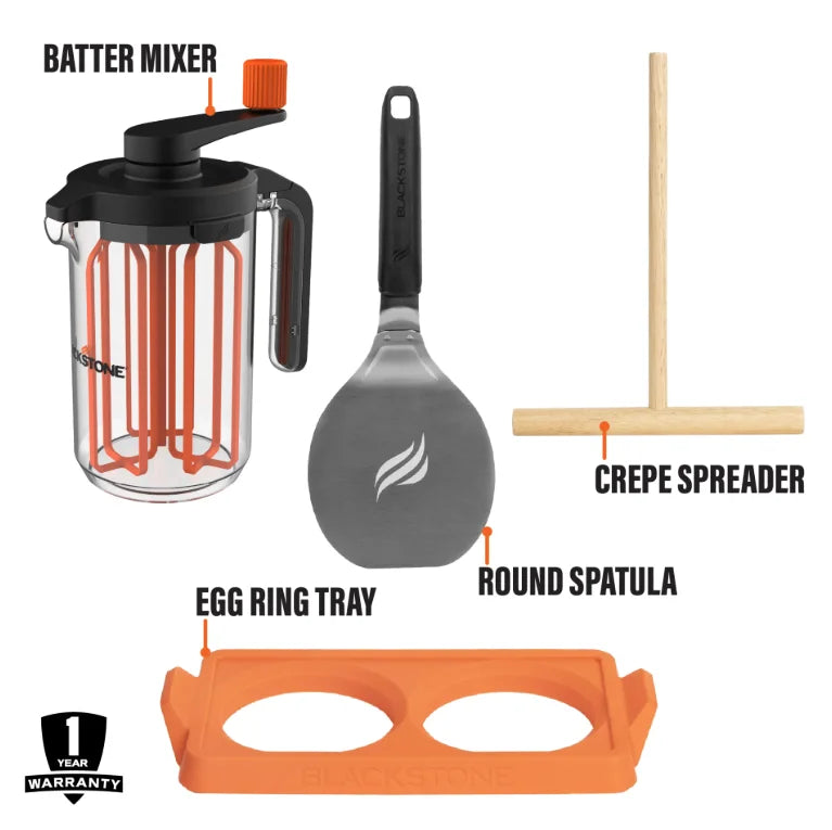 Blackstone Breakfast Kit (4 Pieces) - Includes 4 essential cooking tools: round spatula, stir & pour batter mixer, crepe spreader, and 2-section egg ring tray for perfectly cooked breakfasts.