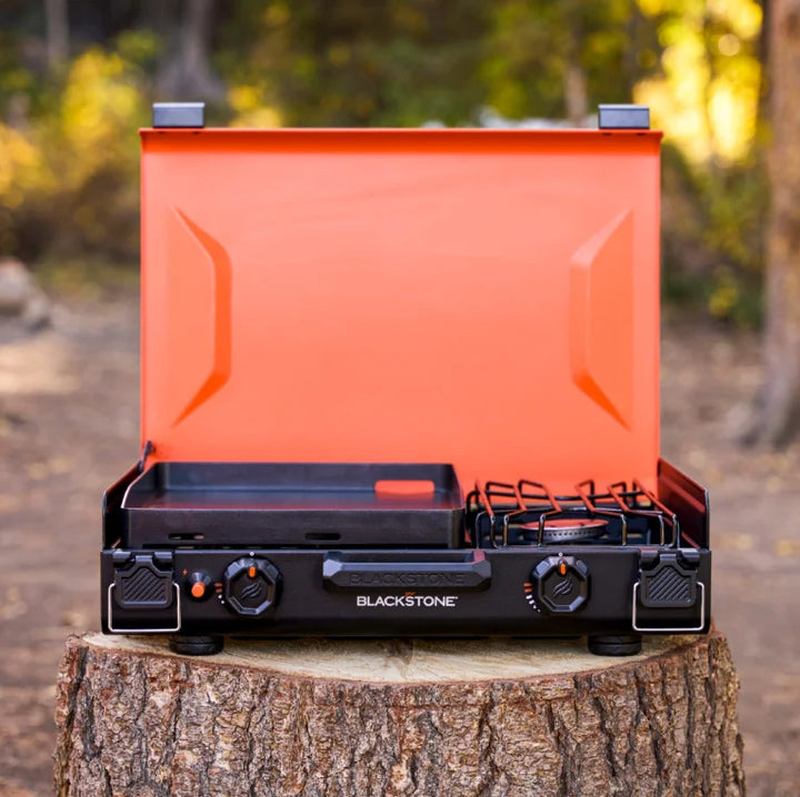 Blackstone 12x14" Camping Griddle and Side Burner: Compact, travel-ready cooking unit with non-stick griddle plate, independently controlled heat zones, and stowaway grease management for effortless campsite meals.