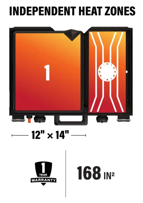 Blackstone 12x14" Camping Griddle and Side Burner featuring coated non-stick griddle plate, dual heat zones, latching hood, carry handle, leveling feet, stowaway grease management, and manual ignition for effortless outdoor cooking.