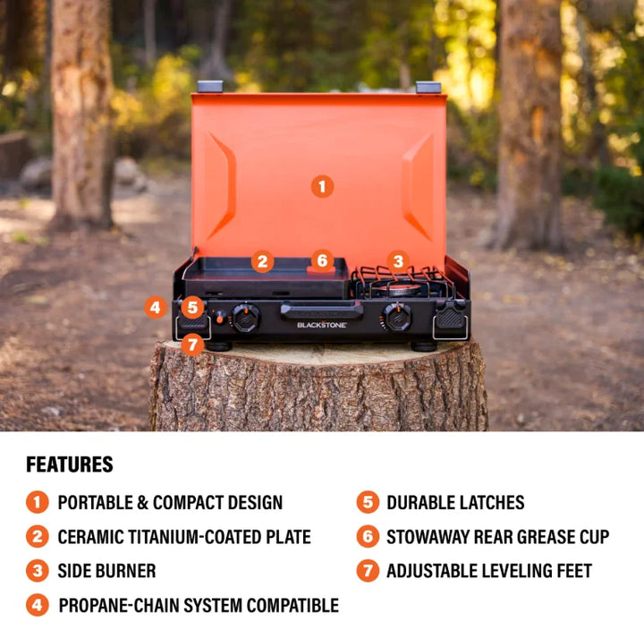 Blackstone 12x14" Camping Griddle and Side Burner with coated non-stick griddle plate, independently controlled dual heat zones, and latching hood for effortless portability, perfect for outdoor cooking.