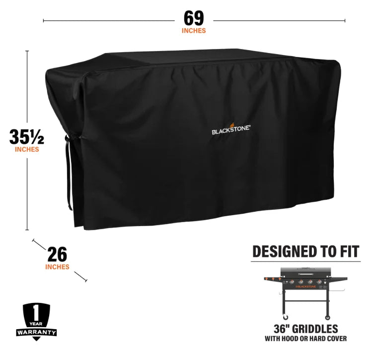 Blackstone 36” Griddle Cover: Protective cover for 36” Blackstone griddles with hood, featuring heavy-duty weather-resistant materials and reinforced stitching to shield against sun, rain, wind, and snow.