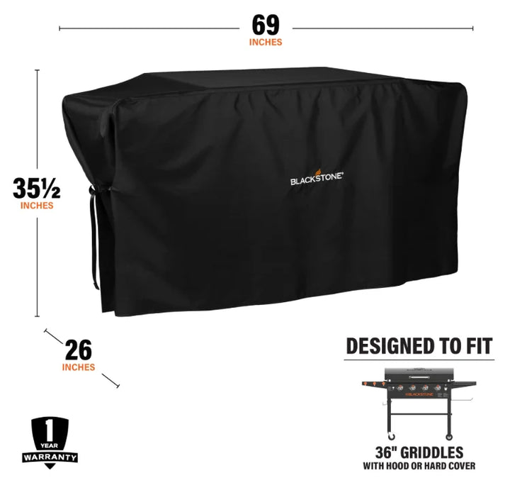 Blackstone 36” Griddle Cover: Protective cover for 36” Blackstone griddles with hood, featuring heavy-duty weather-resistant materials and reinforced stitching to shield against sun, rain, wind, and snow.