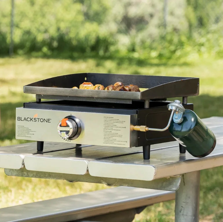 Blackstone Original 17” Tabletop Griddle features Omnivore Griddle Plate Technology for fast preheat and recovery, even heat distribution, and wind resistance.