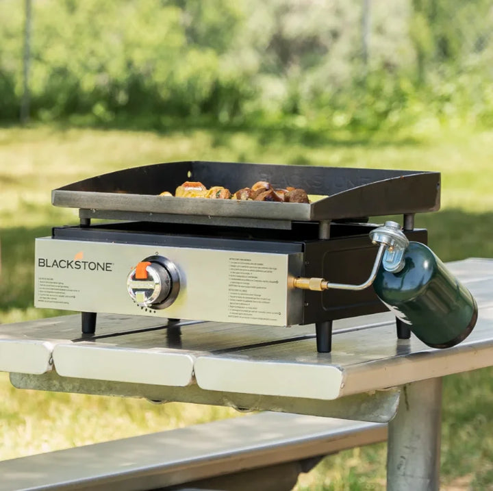 Blackstone Original 17” Tabletop Griddle features Omnivore Griddle Plate Technology for fast preheat and recovery, even heat distribution, and wind resistance.