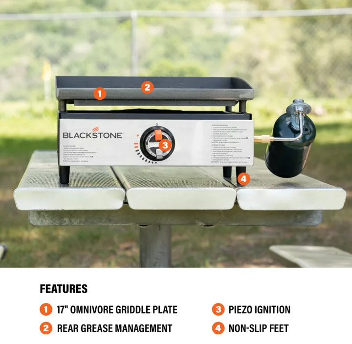 Blackstone Original 17” Tabletop Griddle features compact Omnivore Griddle Plate for fast preheat, even heat distribution, and wind guards for optimal fuel use in outdoor cooking settings.
