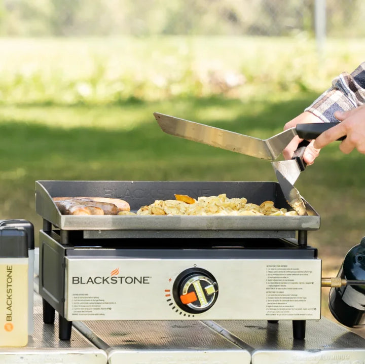 Blackstone Original 17” Tabletop Griddle: compact portable griddle with Omnivore Plate for even heat distribution, piezo ignition system, and rear grease management for easy cleanup.