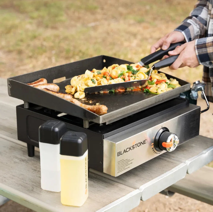 Blackstone Original 17” Tabletop Griddle features compact Omnivore Griddle Plate Technology for fast preheat, even heat distribution, and wind-optimized fuel use.