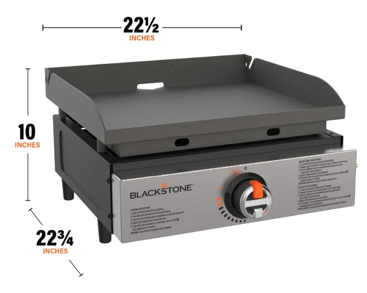 Blackstone Original 17” Tabletop Griddle features Omnivore Griddle Plate for rapid preheat and even heat distribution, perfect for outdoor cooking on-the-go.