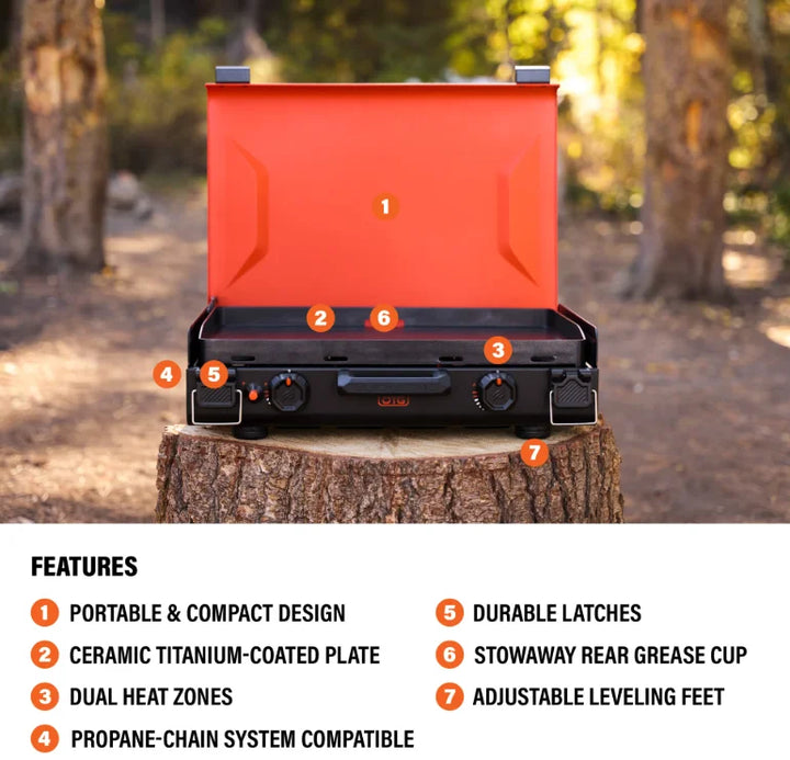 Blackstone OTG 20” Camping Griddle: Compact camping griddle with ceramic titanium-coated plate for non-stick cooking, dual heat zones, latching hood, and leveling feet.