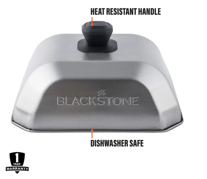 Blackstone Medium Square Basting Cover: A heat-trapping dome for steaming veggies, melting cheese, and cooking on your griddle with confidence, featuring a durable metal construction and dishwasher-safe design.