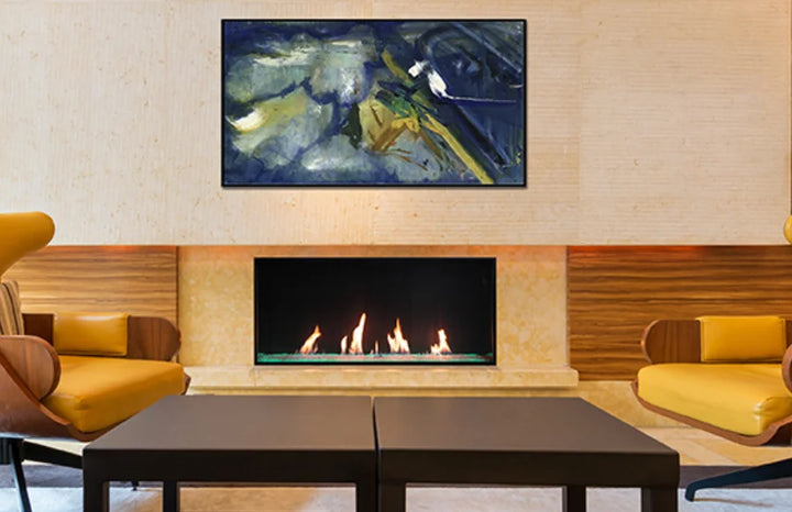 Plaza Luxury 55" InvisiMesh Single-Sided Gas Fireplace features an expansive, nearly invisible screen barrier and programmable LED under-lighting for customizable ambiance, with flexible venting and heat redistribution system for unobstructed views.
