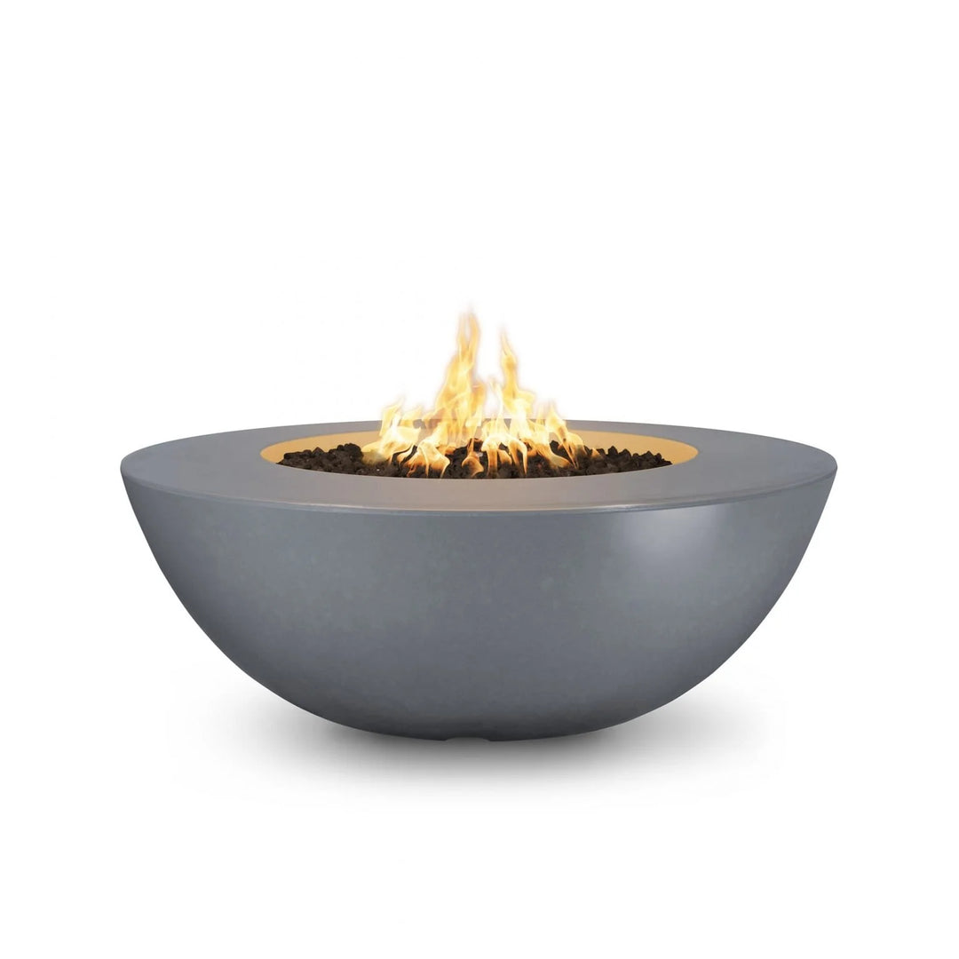 Handcrafted Sedona Fire Bowl in Ash finish, available in 48'' and 60'' sizes, featuring a durable design for outdoor use with heat capacity up to 65K BTU.