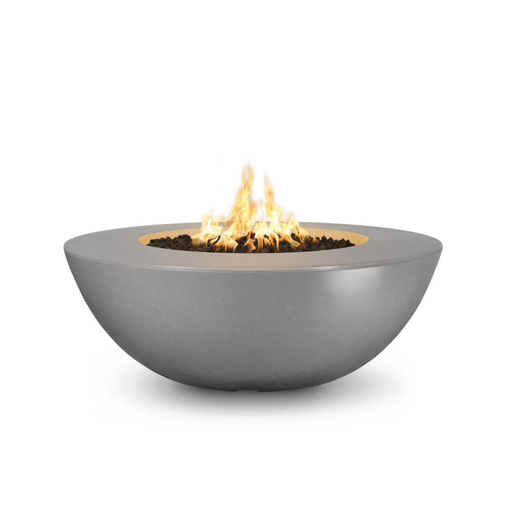 The Outdoor Plus Sedona Fire Bowl, a handmade, US-manufactured fire bowl with a round curvature, available in various colors and sizes (48" & 60"), featuring heat capacity up to 65K BTU and durable construction for long-lasting outdoor use.