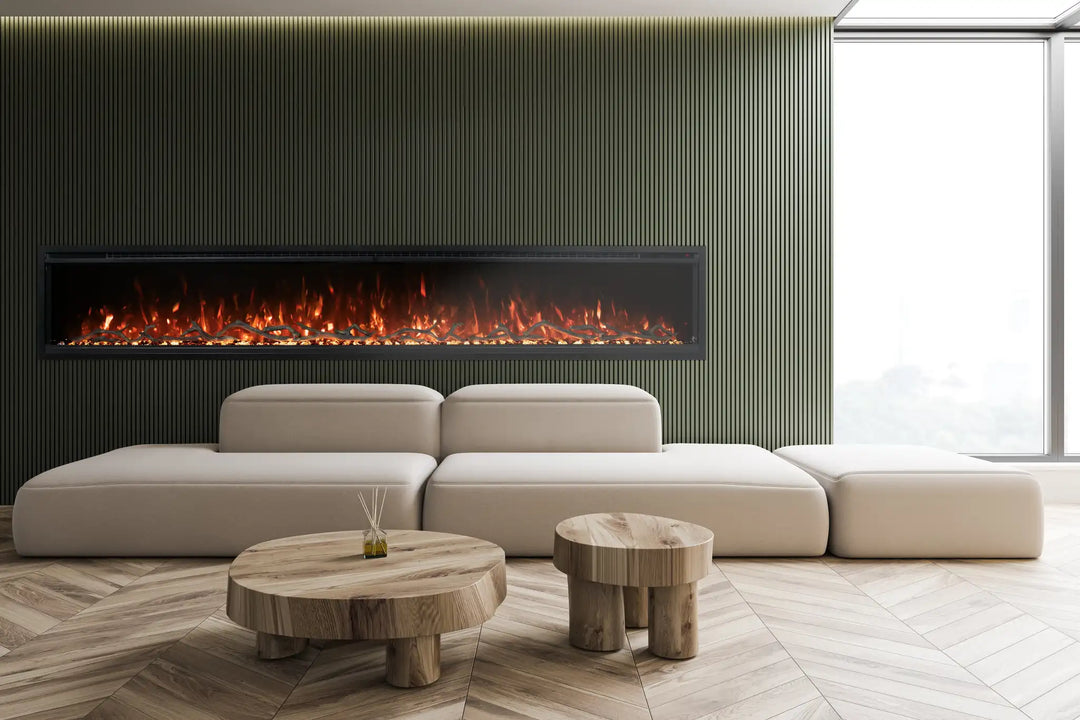 Modern Flames Spectrum Slimline Electric Fireplace 50"-100" - Sleek, wall-mounted or recessed electric fireplace with advanced Hybrid-FX flame technology and bold color customization options for a cozy, modern retreat in any room.