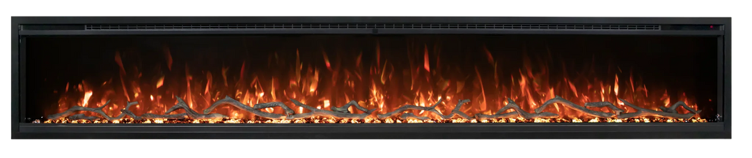 Spectrum Slimline" Electric Fireplace by Modern Flames, sleek wall-mounted or recessed design with advanced Hybrid-FX flame technology, featuring customizable multicolor flames, embers, and heat settings for year-round ambiance in any room, dimensions varying from 50"-100", suitable for various installations into 2x4 walls.