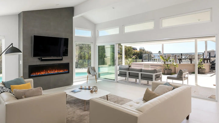 Modern Flames Spectrum Slimline Electric Fireplace, slim wall-mounted design at just 4 5/8 inches deep, featuring advanced Hybrid-FX flame technology and customizable multicolor flames and ember bed.