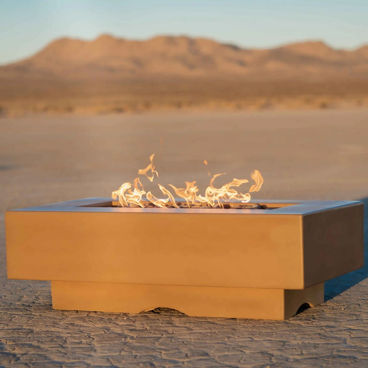Del Mar Concrete Rectangle Fire Pit: Handmade in USA, durable and long-lasting fire pit with rectangular design, features CSA certified electronic ignition system, match lit kit, or lava rock, available in 8 sizes and 20 colors.
