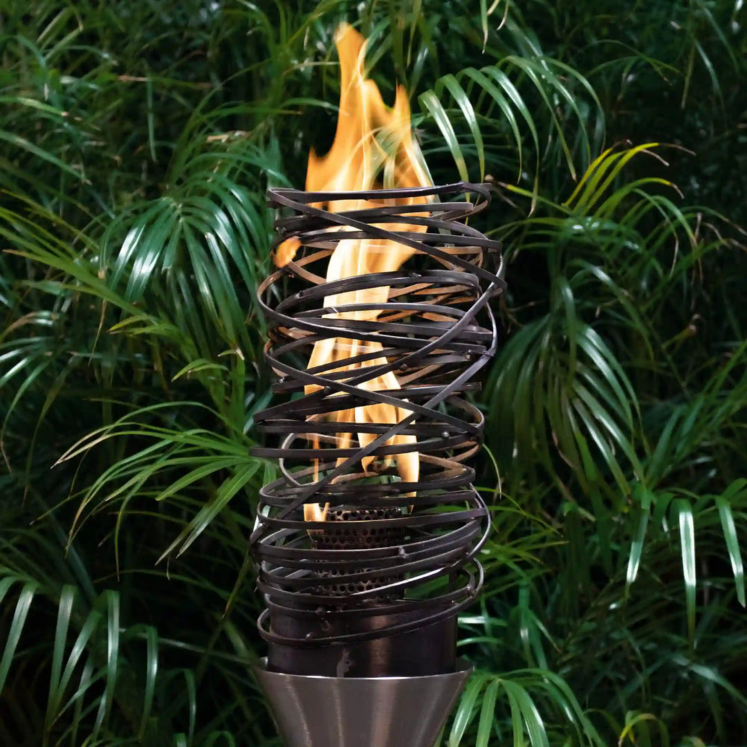 Cyclone Fire Torch - Outdoor torch with 20,000 BTU output, 304 stainless steel construction, built-in needle valve for flame control, suitable for outdoor use.