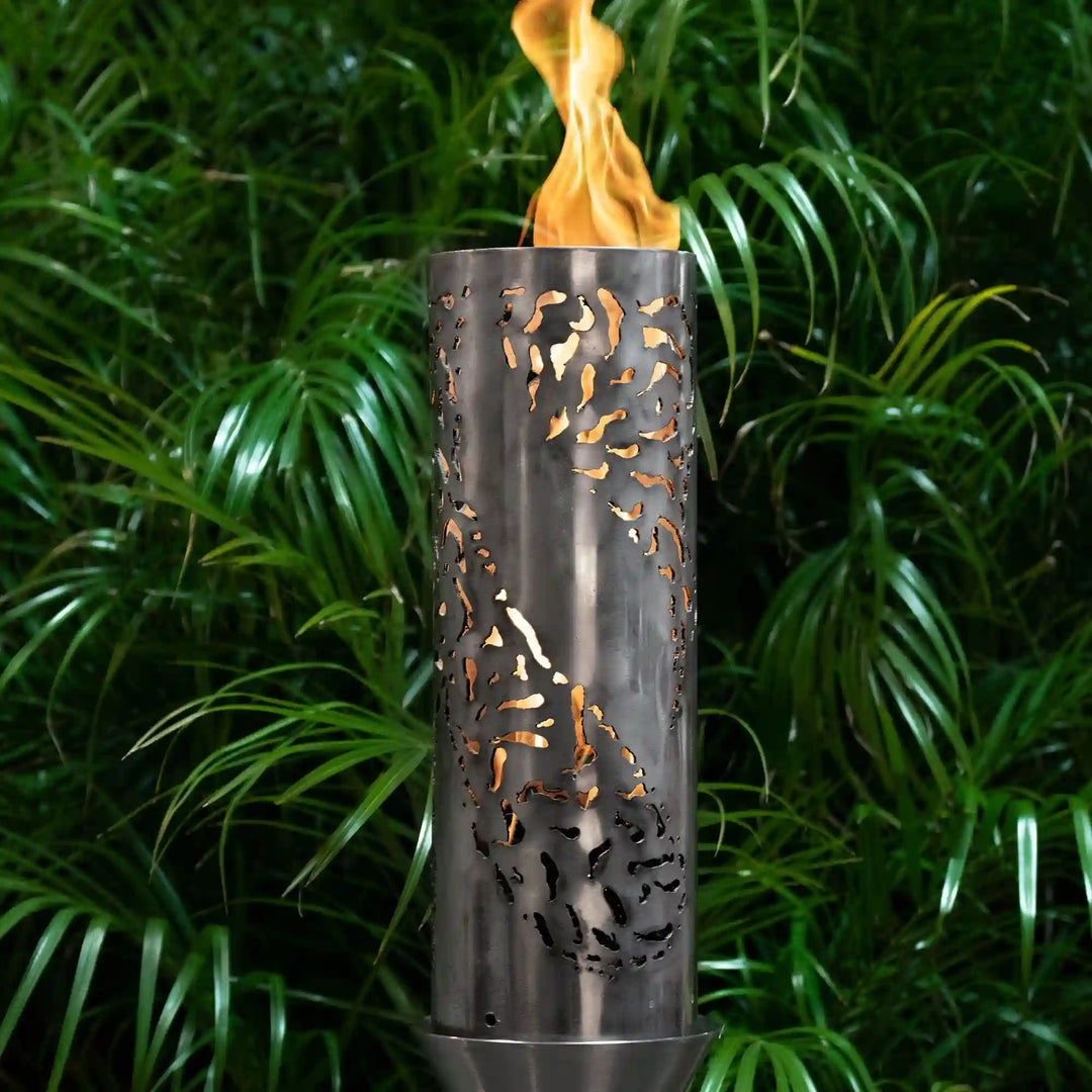Tiki Fire Torch, high-quality stainless steel outdoor torch with adjustable flame control, suitable for use in harsh weather conditions.