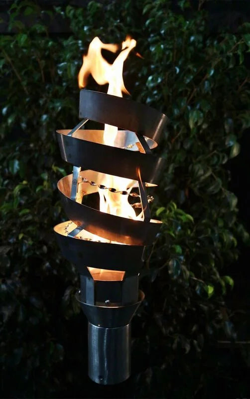 Spiral Fire Torch - The Outdoor Plus, high-output torch made from durable 304 stainless steel, featuring built-in needle valve for flame control and threaded gas inlet.