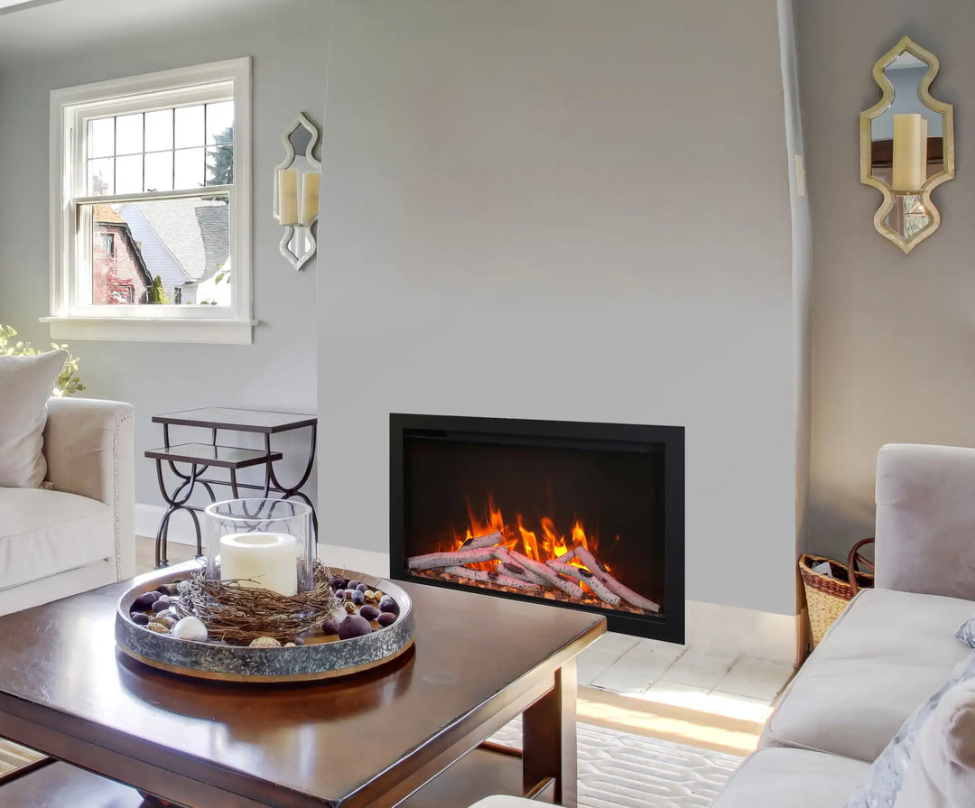Amantii Traditional Bespoke Smart Electric Fireplace: sleek, high-tech electric fireplace with concealed heater vents, customizable media options, and vibrant flame presentation in various colors.