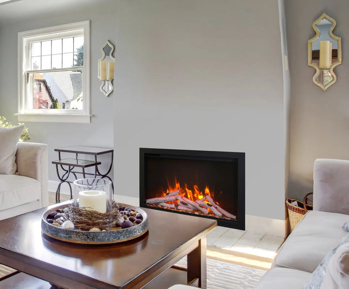 Amantii Traditional Bespoke Smart Electric Fireplace: sleek, high-tech electric fireplace with concealed heater vents, customizable media options, and vibrant flame presentation in various colors.