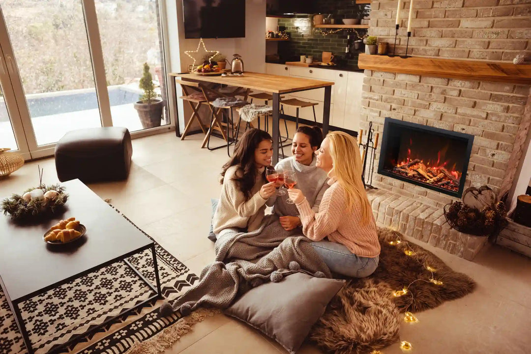 Amantii Traditional Bespoke Smart Electric Fireplace features vibrant, multi-colored flames in a sleek, modern design with clean face appearance, customizable media options, and smart control connectivity.