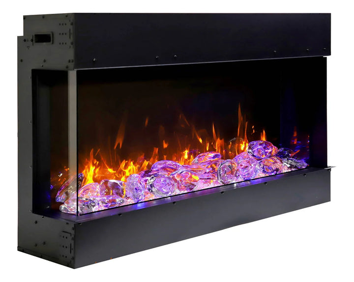 Remii BAY-SLIM 3 Sided Electric Fireplace featuring vibrant, multi-colored flames in red, yellow, or orange hues, customizable via remote control and paired with ambient canopy lighting in 13 colors.