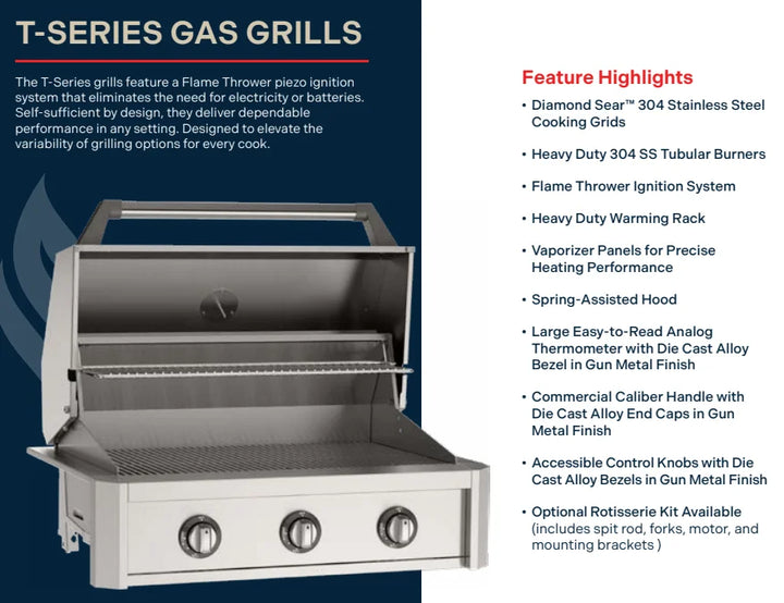 The 2026 American Outdoor Grill 30" T-Series Portable Grill features a premium stainless steel cart with fold-down shelves, Flame Thrower piezo ignition system, and 540 sq. inch primary cooking surface with 45,000 BTUs of power.