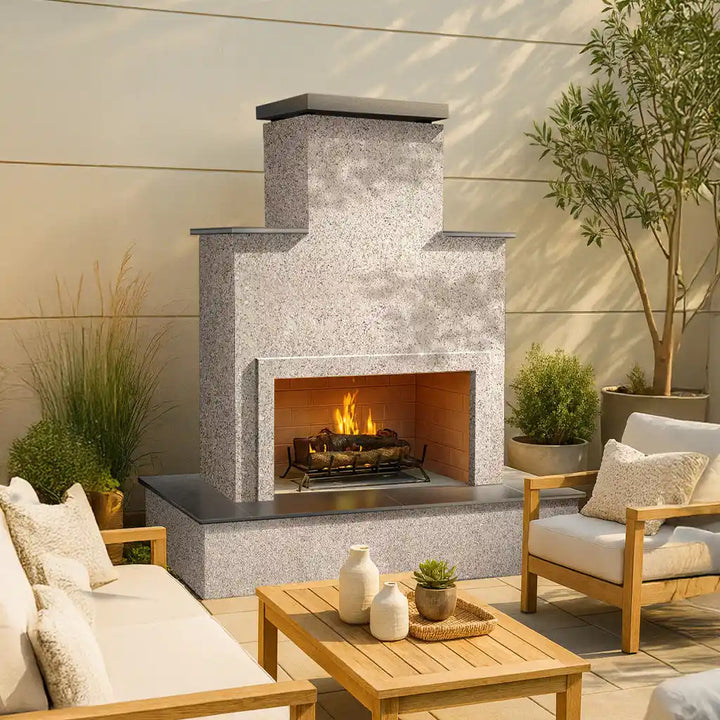 Cal Flame Tahiti Outdoor Gas Fireplace w/ Wrap-around Mantel, 90,000 BTUs of high-performance heating and ambiance, featuring a sculptural design, extended wrap-around mantel, Stucco or Cultured Stone finishes, and a 22-inch Double Burner for stunning flame visuals.