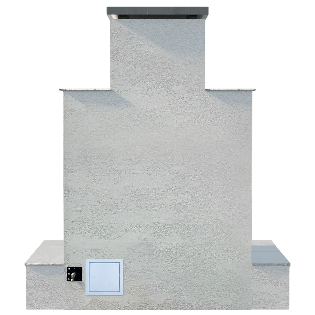 Cal Flame "Tahiti" Outdoor Gas Fireplace w/ Wrap-around Mantel: Elegant outdoor gas fireplace featuring a sculptural design with 90,000 BTUs of heating power and stunning flame visuals, complete with an extended wrap-around bottom mantel for luxury resort-style aesthetic.