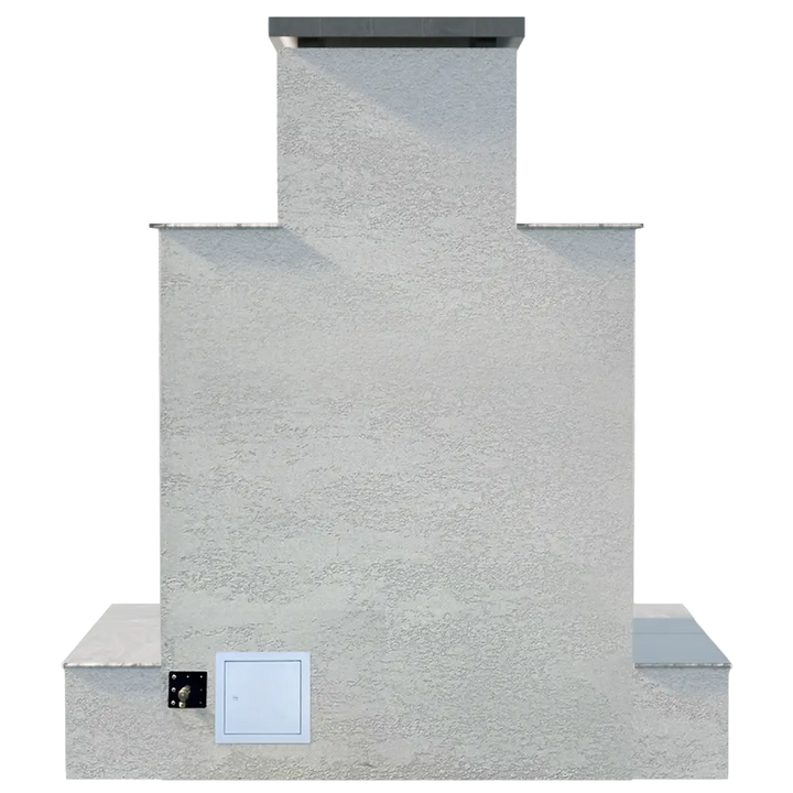 Cal Flame "Tahiti" Outdoor Gas Fireplace w/ Wrap-around Mantel: Elegant outdoor gas fireplace featuring a sculptural design with 90,000 BTUs of heating power and stunning flame visuals, complete with an extended wrap-around bottom mantel for luxury resort-style aesthetic.