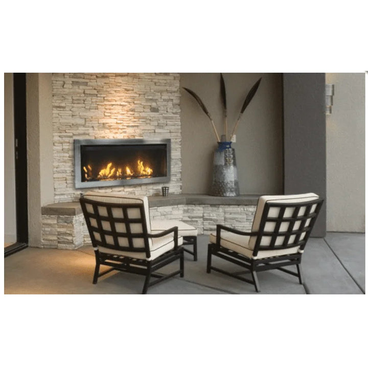 Sierra Flame Tahoe 45'' Outdoor Direct Vent Linear Fireplace features all stainless steel construction with 3'' trim look or clean face installation options, includes rock and Black Onyx fire glass media.