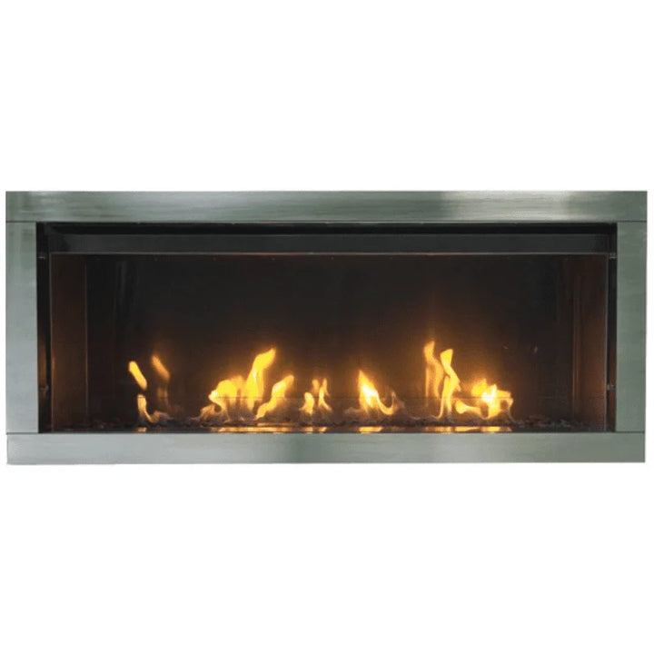 Sierra Flame Tahoe 45" Outdoor Direct Vent Linear Fireplace, featuring stainless steel construction, clean face or trim install options, rock and Black Onyx fire glass media, and a rugged outdoor design.