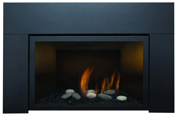 Sierra Flame Abbot 30-inch Deluxe Direct Vent Insert featuring black porcelain panels and glass viewing area for a contemporary design with superior flame control.