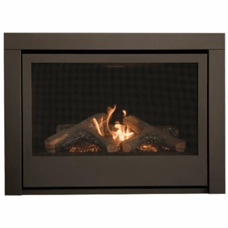 Sierra Flame Thompson 36" Natural Gas Deluxe Direct Vent Fireplace features black trim, safety barrier, and electronic ignition, producing 26,000 BTU heat with borosilicate glass and 4-piece log set.