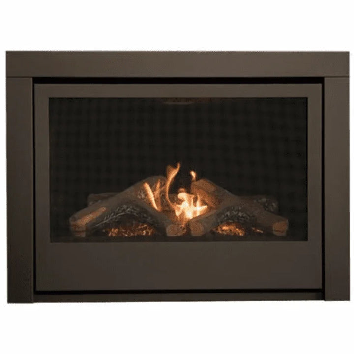 Sierra Flame Thompson 36" Natural Gas Deluxe Direct Vent Fireplace features black trim, safety barrier, and electronic ignition, producing 26,000 BTU heat with borosilicate glass and 4-piece log set.