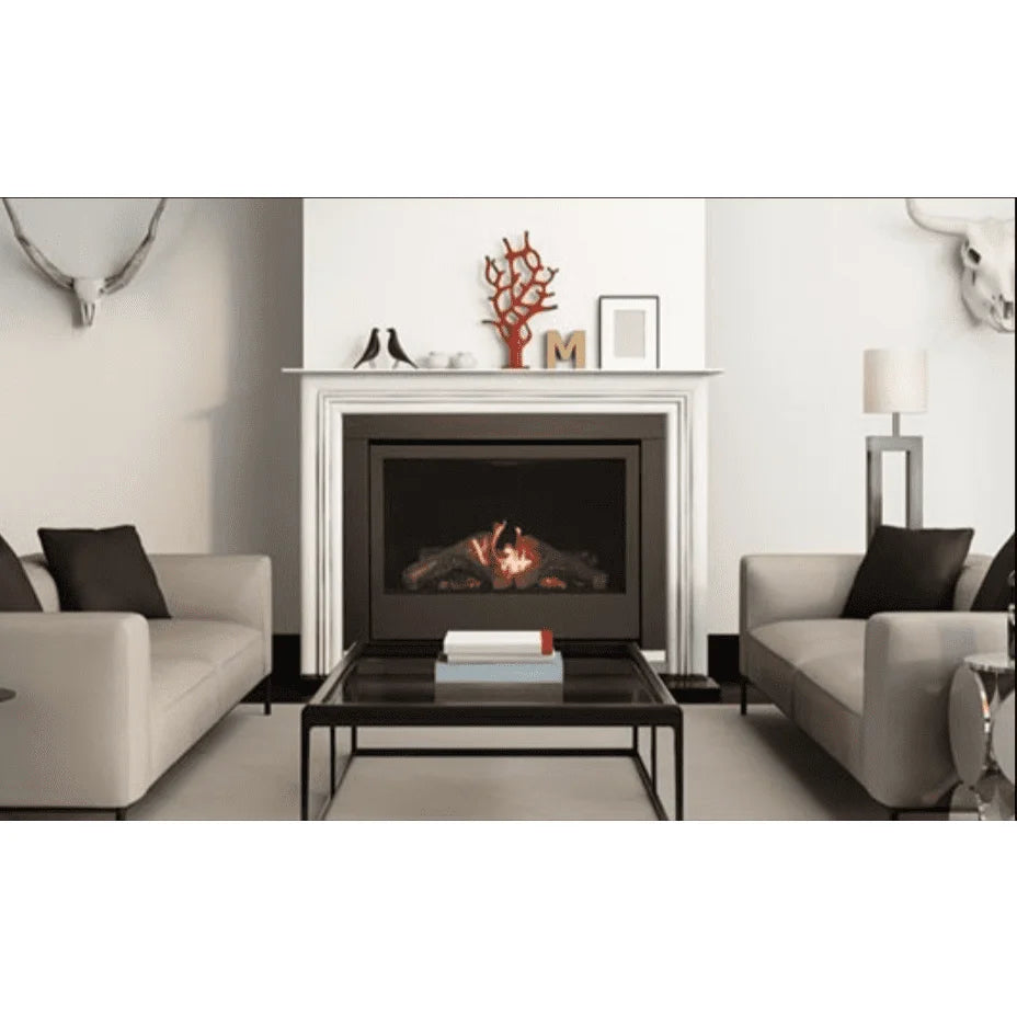 Sierra Flame Thompson 36" Natural Gas Deluxe Direct Vent Fireplace: Compact linear gas fireplace with black trim, safety barrier, and electronic ignition; measures 37"H x 38"W x 15"D, produces 26,000 BTUs, and features a modulating valve, borosilicate glass, and deluxe digital remote control.
