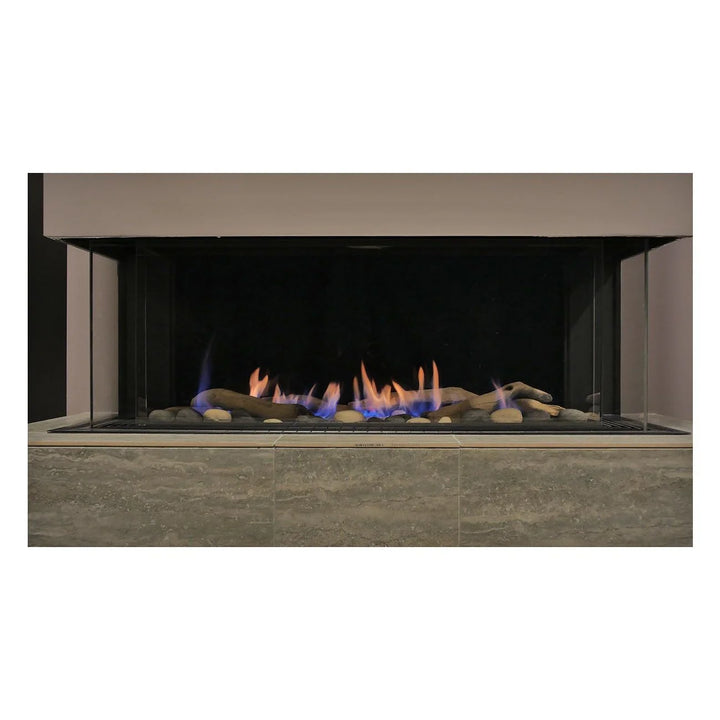 Sierra Flame Toscana Three Sided Natural Gas Fireplace features a sleek, linear design with a radiant heat system, 6 variable speeds, and 7 flame settings for efficient room heating.