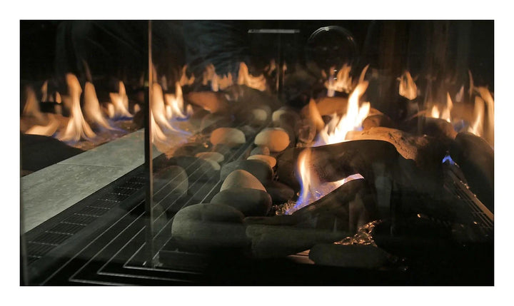 Sierra Flame Toscana Three Sided Natural Gas Fireplace, a sleek three-sided peninsula gas fireplace with double glass and screen-free design, featuring up to 40,000 BTU heat output.