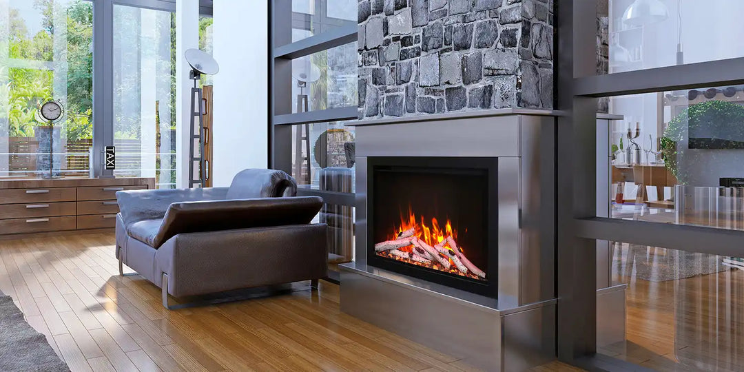Amantii TRD SMART Electric Fireplace - Modern design with concealed heater and vents, featuring vibrant multi-colored flame presentation in 13 colors with ambient canopy lighting.
