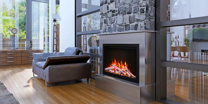 Amantii TRD SMART Electric Fireplace - Modern design with concealed heater and vents, featuring vibrant multi-colored flame presentation in 13 colors with ambient canopy lighting.
