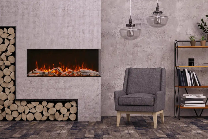 Amantii Tru View XT XL Electric Fireplace - Large, wall-mounted electric fireplace featuring vibrant, multi-colored flame presentation with 3 sides of glass viewing, Wi-Fi connectivity and remote control.
